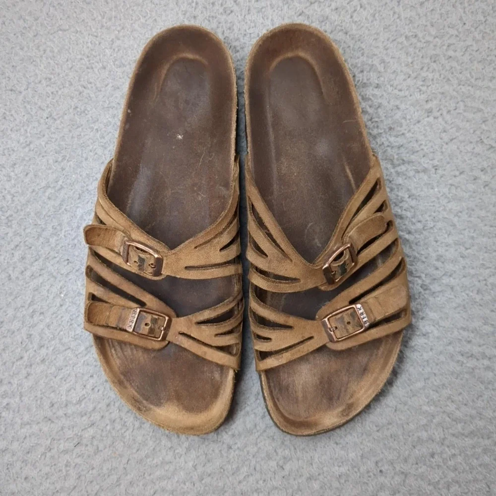 Birkenstock Sandals Womens Size 8 Brown Suede Slide Comfort Strappy Footbed